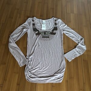Buckle Metallic Gray Long Sleeve Top with Embellished Neckline